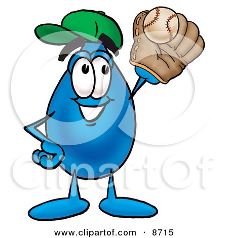 Clipart Picture of a Water Drop Mascot Cartoon Character Catching a Baseball With a Glove by Mascot Junction
