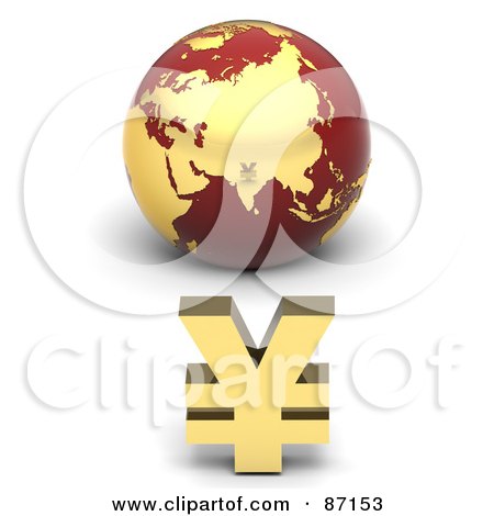Royalty-Free (RF) Clipart Illustration of a 3d Golden Yen Symbol In Front Of A Red Globe by Tonis Pan