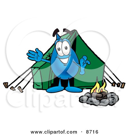 Clipart Picture of a Water Drop Mascot Cartoon Character Camping With a Tent and Fire by Mascot Junction