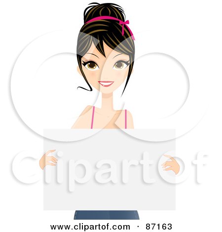 Royalty-Free (RF) Clipart Illustration of a Pretty Brunette Caucasian Woman Holding A Blank Sign Board by Melisende Vector