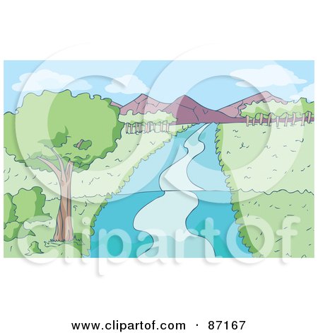 Royalty-Free (RF) Clipart Illustration of a Blue Stream Running Through A Meadow, With Mountains In The Distance by Bad Apples