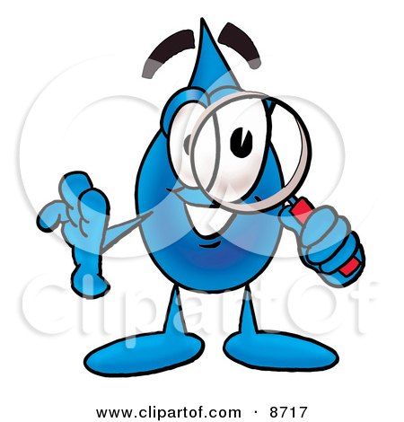 Clipart Picture of a Water Drop Mascot Cartoon Character Looking Through a Magnifying Glass by Mascot Junction