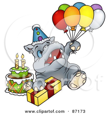 Royalty-Free (RF) Clipart Illustration of a Birthday Hippo Holding Balloons And Sitting With A Present And Cake by dero