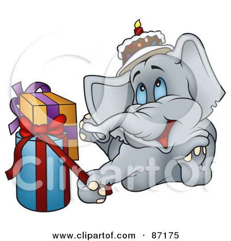 Royalty-Free (RF) Clipart Illustration of a Happy Birthday Elephant Laying By Presents by dero