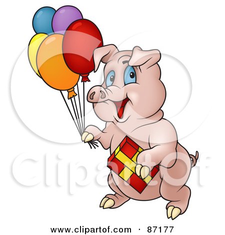 Royalty-Free (RF) Clipart Illustration of a Birthday Pig Carrying Balloons And A Present by dero