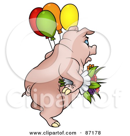 Royalty-Free (RF) Clipart Illustration of a Pig Carrying Balloons And Flowers by dero