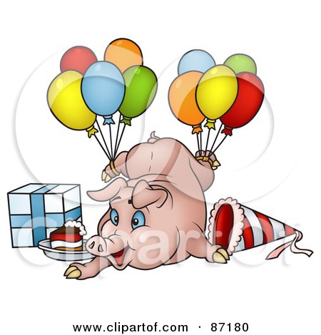 Royalty-Free (RF) Clipart Illustration of a Birthday Pig With Balloons, A Present And Slice Of Cake by dero