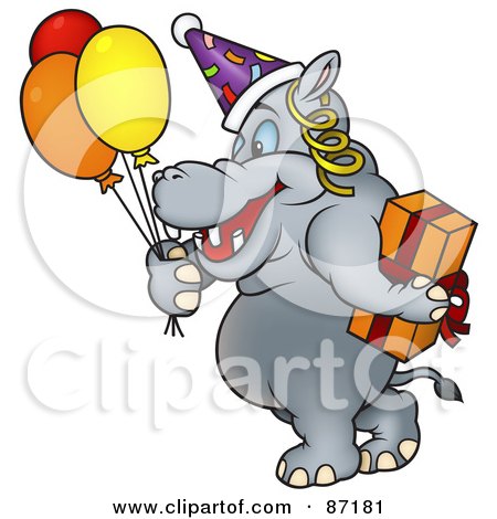 Royalty-Free (RF) Clipart Illustration of a Birthday Hippo Carrying A Gift And Balloons by dero