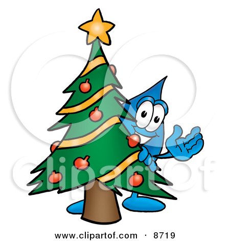 Clipart Picture of a Water Drop Mascot Cartoon Character Waving and Standing by a Decorated Christmas Tree by Mascot Junction