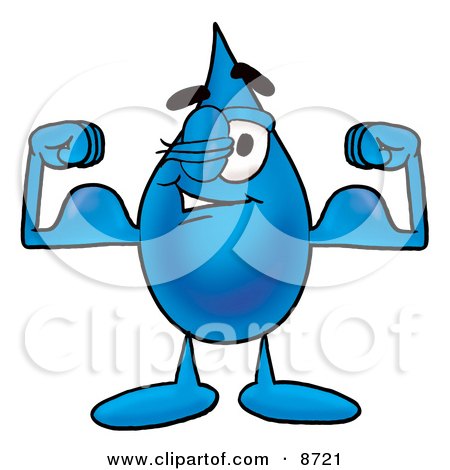 Clipart Picture of a Water Drop Mascot Cartoon Character Flexing His Arm Muscles by Mascot Junction
