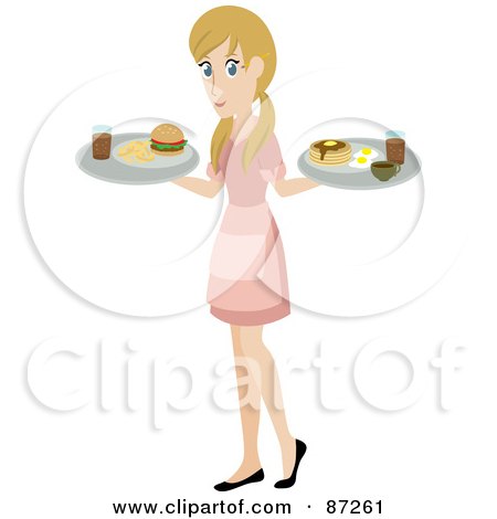 Royalty-Free (RF) Clipart Illustration of a Blond Waitress Woman Serving A Burger And Pancakes And Eggs by Rosie Piter