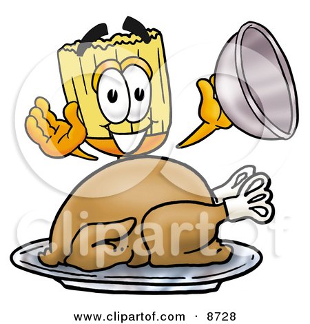 Clipart Picture of a Broom Mascot Cartoon Character Serving a Thanksgiving Turkey on a Platter by Mascot Junction