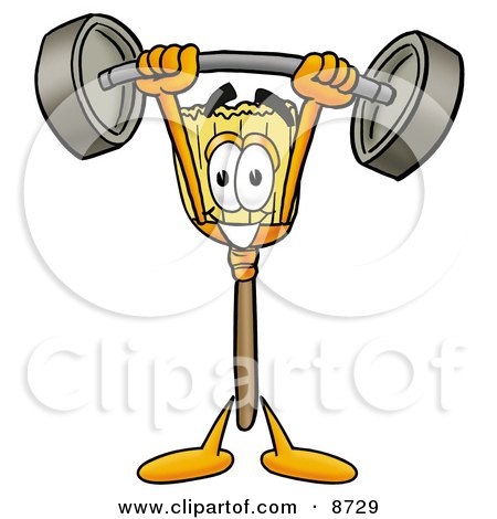 Clipart Picture of a Broom Mascot Cartoon Character Holding a Heavy Barbell Above His Head by Mascot Junction