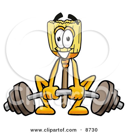 Clipart Picture of a Broom Mascot Cartoon Character Lifting a Heavy Barbell by Mascot Junction