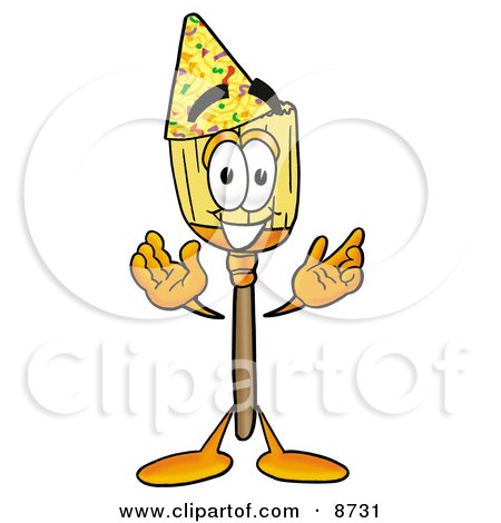 Clipart Picture of a Broom Mascot Cartoon Character Wearing a Birthday Party Hat by Mascot Junction