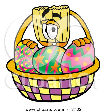 Clipart Picture of a Broom Mascot Cartoon Character in an Easter Basket Full of Decorated Easter Eggs by Mascot Junction