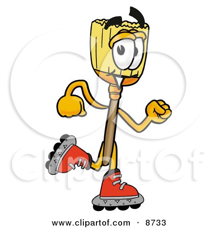 Clipart Picture of a Broom Mascot Cartoon Character Roller Blading on Inline Skates by Mascot Junction