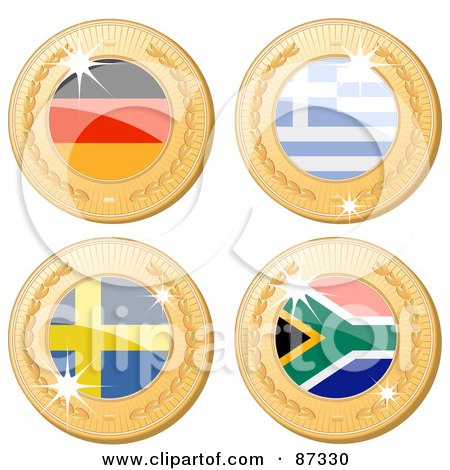 Royalty-Free (RF) Clipart Illustration of a Digital Collage Of 3d Golden Shiny Germany, Greece, Sweden And South Africa Medals by elaineitalia