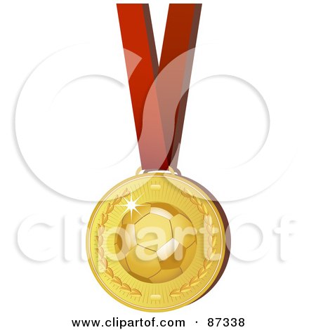 Royalty-Free (RF) Clipart Illustration of a Shiny 3d Golden Soccer Sports Medal On A Red Ribbon by elaineitalia