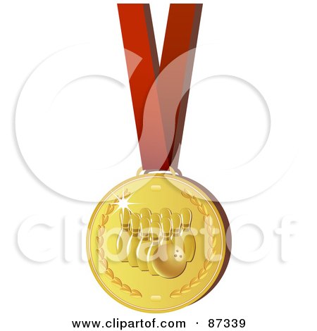Royalty-Free (RF) Clipart Illustration of a Shiny 3d Golden Bowling Sports Medal On A Red Ribbon by elaineitalia