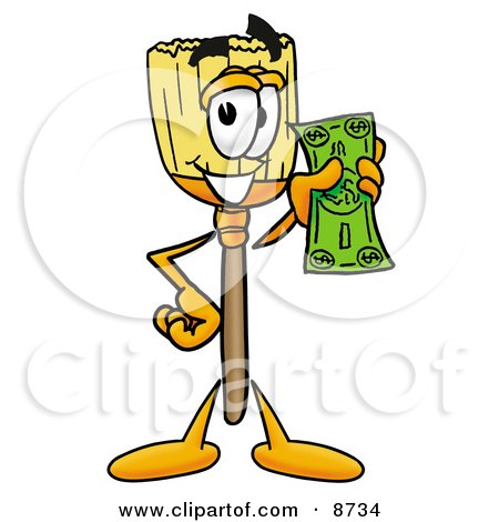 Clipart Picture of a Broom Mascot Cartoon Character Holding a Dollar Bill by Mascot Junction