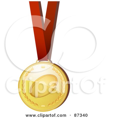 Royalty-Free (RF) Clipart Illustration of a Shiny 3d Golden Rugby Sports Medal On A Red Ribbon by elaineitalia