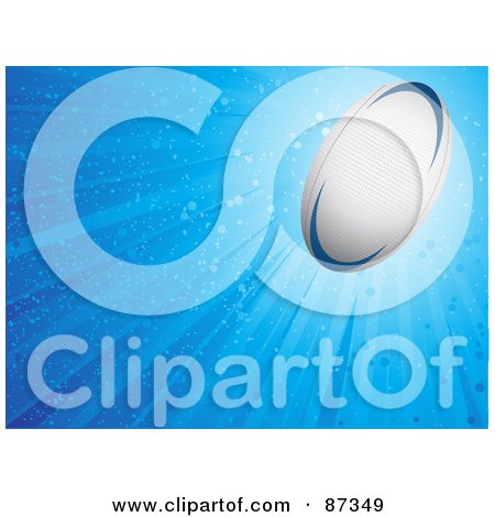Royalty-Free (RF) Clipart Illustration of a Shining Sparkly Blue Background With A Rugby Ball by elaineitalia