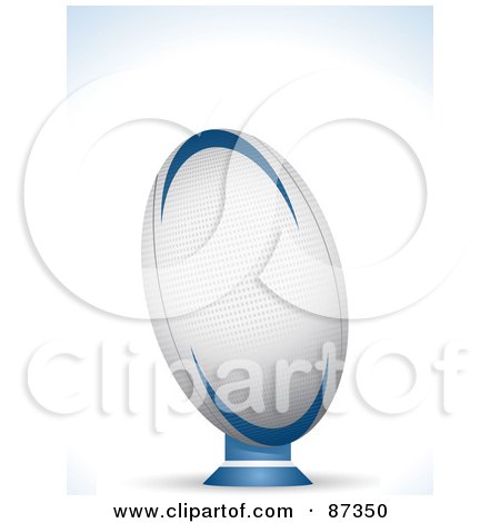 Royalty-Free (RF) Clipart Illustration of a White And Blue Rugby Ball On A Stand by elaineitalia