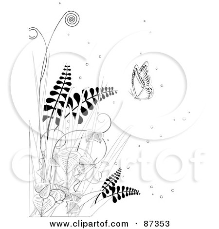 Royalty-Free (RF) Clipart Illustration of a Black And White Line Drawn Floral Scene Of Butterflies And Ferns by elaineitalia