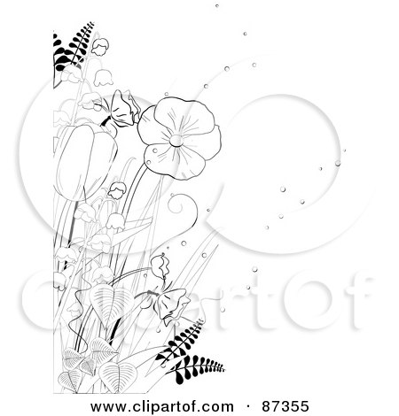 Royalty-Free (RF) Clipart Illustration of a Black And White Line Drawn Floral Scene Of Flowers And Plants by elaineitalia