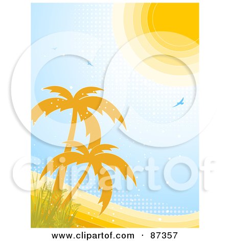 Royalty-Free (RF) Clipart Illustration of a Vertical Tropical Landscape Scene Of The Sun Over Palm Trees And Halftone by elaineitalia