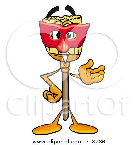Clipart Picture of a Broom Mascot Cartoon Character Wearing a Red Mask Over His Face by Mascot Junction