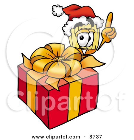 Clipart Picture of a Broom Mascot Cartoon Character Standing by a Christmas Present by Mascot Junction