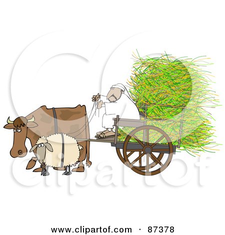 Royalty-Free (RF) Clipart Illustration of a Cow And Sheep Pulling A Middle Eastern Man And Hay In A Cart by djart
