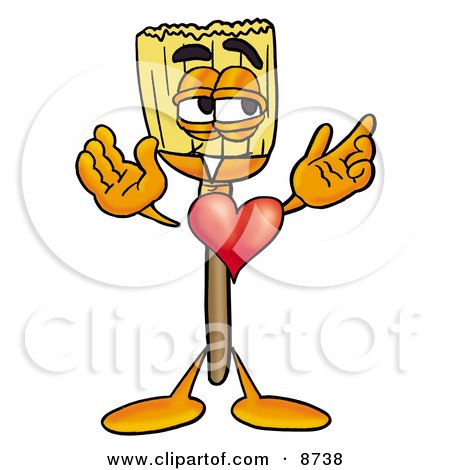 Clipart Picture of a Broom Mascot Cartoon Character With His Heart Beating Out of His Chest by Mascot Junction