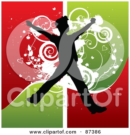 Royalty-Free (RF) Clipart Illustration of a Silhouetted Leaping Boy Over Grungy Red And Green by MilsiArt