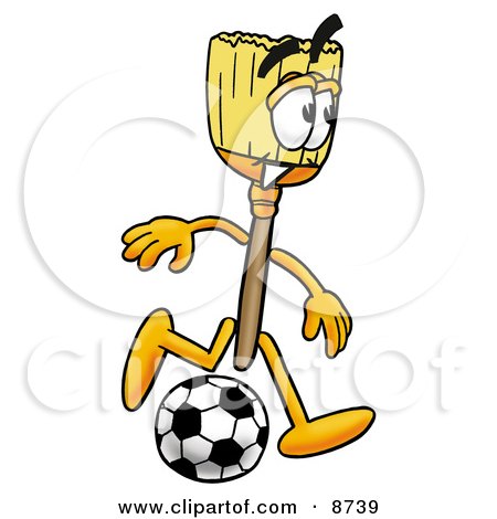 Clipart Picture of a Broom Mascot Cartoon Character Kicking a Soccer Ball by Mascot Junction
