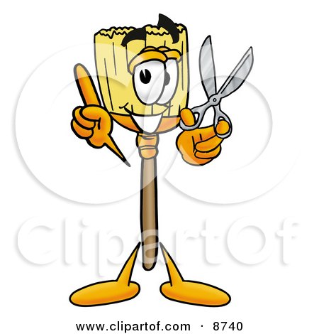 Clipart Picture of a Broom Mascot Cartoon Character Holding a Pair of Scissors by Mascot Junction