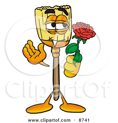Clipart Picture of a Broom Mascot Cartoon Character Holding a Red Rose on Valentines Day by Mascot Junction