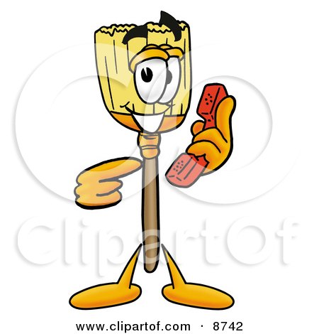 Clipart Picture of a Broom Mascot Cartoon Character Holding a Telephone by Mascot Junction