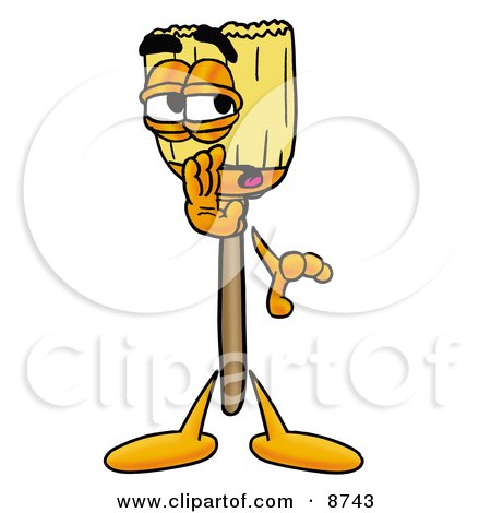 Clipart Picture of a Broom Mascot Cartoon Character Whispering and Gossiping by Mascot Junction