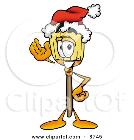 Clipart Picture of a Broom Mascot Cartoon Character Wearing a Santa Hat and Waving by Mascot Junction