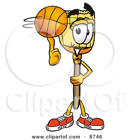 Clipart Picture of a Broom Mascot Cartoon Character Spinning a Basketball on His Finger by Mascot Junction