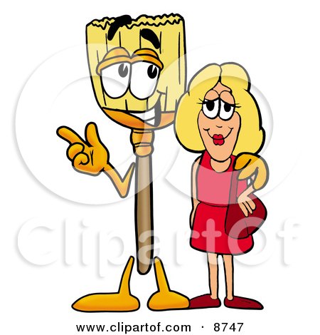 Clipart Picture of a Broom Mascot Cartoon Character Talking to a Pretty Blond Woman by Mascot Junction