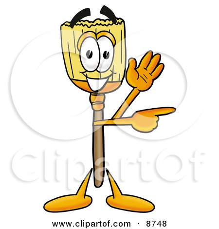 Clipart Picture of a Broom Mascot Cartoon Character Waving and Pointing by Mascot Junction