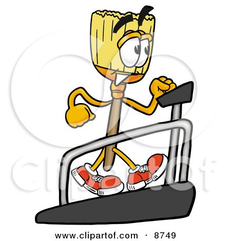 Clipart Picture of a Broom Mascot Cartoon Character Walking on a Treadmill in a Fitness Gym by Mascot Junction