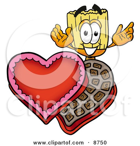 Clipart Picture of a Broom Mascot Cartoon Character With an Open Box of Valentines Day Chocolate Candies by Mascot Junction