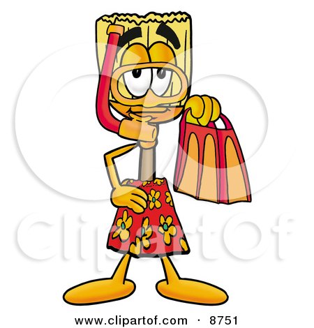 Clipart Picture of a Broom Mascot Cartoon Character in Orange and Red Snorkel Gear by Mascot Junction