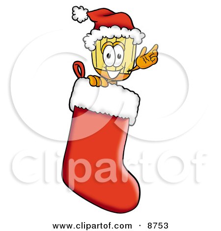 Clipart Picture of a Broom Mascot Cartoon Character Wearing a Santa Hat Inside a Red Christmas Stocking by Mascot Junction