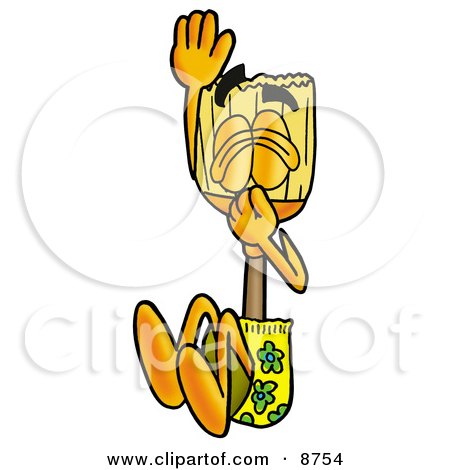 Clipart Picture of a Broom Mascot Cartoon Character Plugging His Nose While Jumping Into Water by Mascot Junction